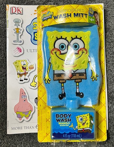 Spongebob Embroidered Wash Mitt & Mango Body Wash NEW SEALED!! W/ Sticker Book!!