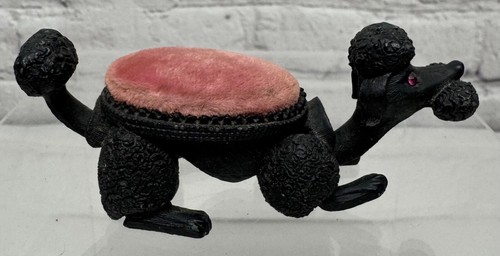 Vtg Florenza Black Poodle Dog Pin Cushion Bobblehead Trembler Pink Gem Eyes - Picture 3 of 20