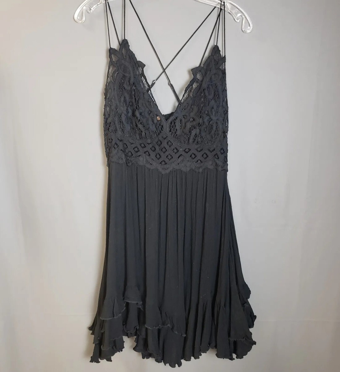 FREE PEOPLE FP ONE Dress Womens Size XS Adella Slip Black Boho Crochet Lace  Tier