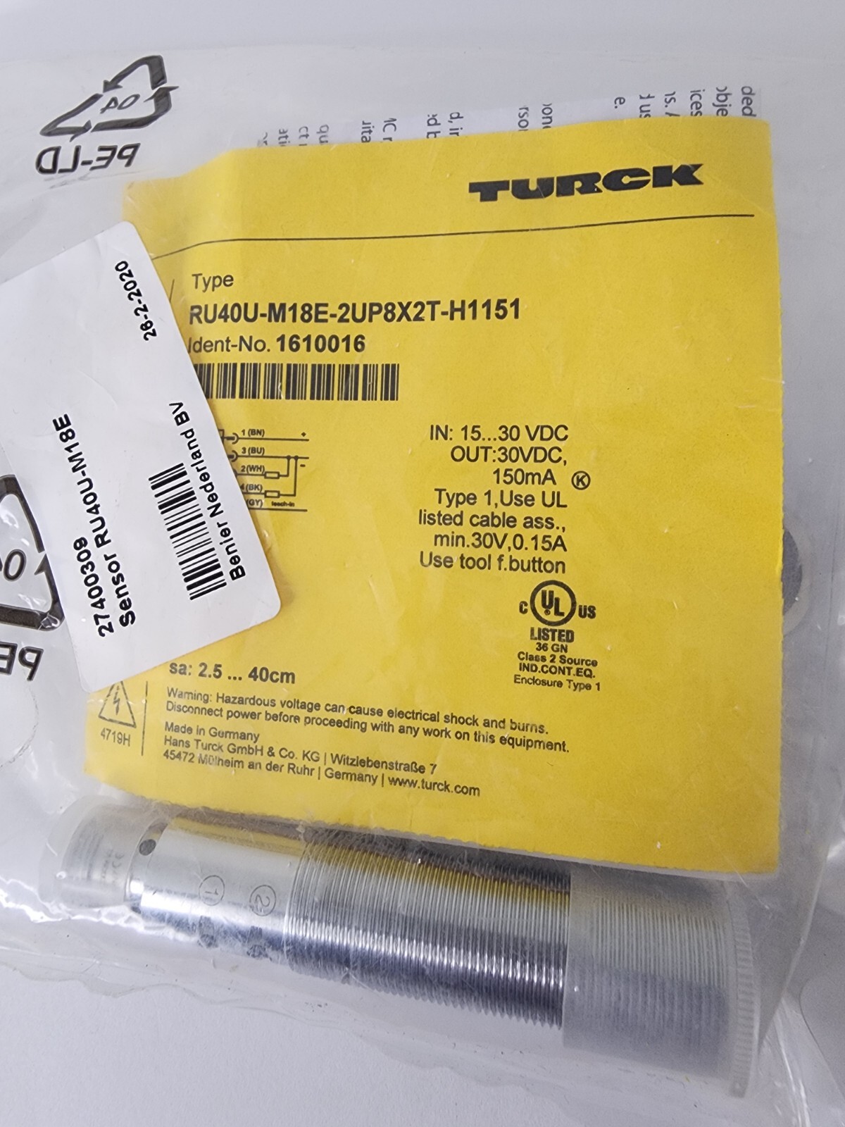 TURCK RU40U-M18E-2UP8X2T-H1151 1610016 Ultrasonic Sensor