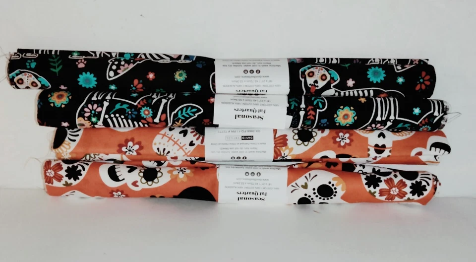Sugar Skull & Canine Skeleton Sugar Skull Fat Quarter Fabric Squares 4 Pc Lot - Image 4 of 4