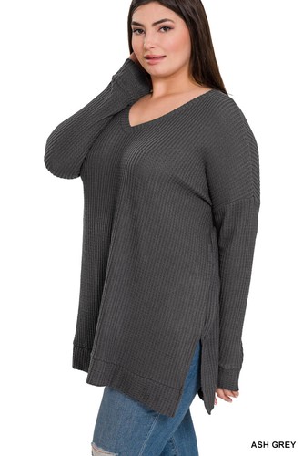 1X 2X 3X Women's V Neck Soft Brushed Thermal Waffle Sweater Warm Top - 第 3/13 張圖片