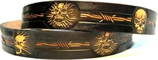 SKULL & BARB WIRE EMBOSSED MOTORCYCLE COWHIDE LEATHER BELT SIZE 26-48 USA MADE