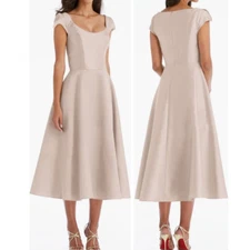 Alfred Sung D798 Cameo Cap Sleeve Full Skirt Satin Midi Cocktail Dress Sz 4 $206