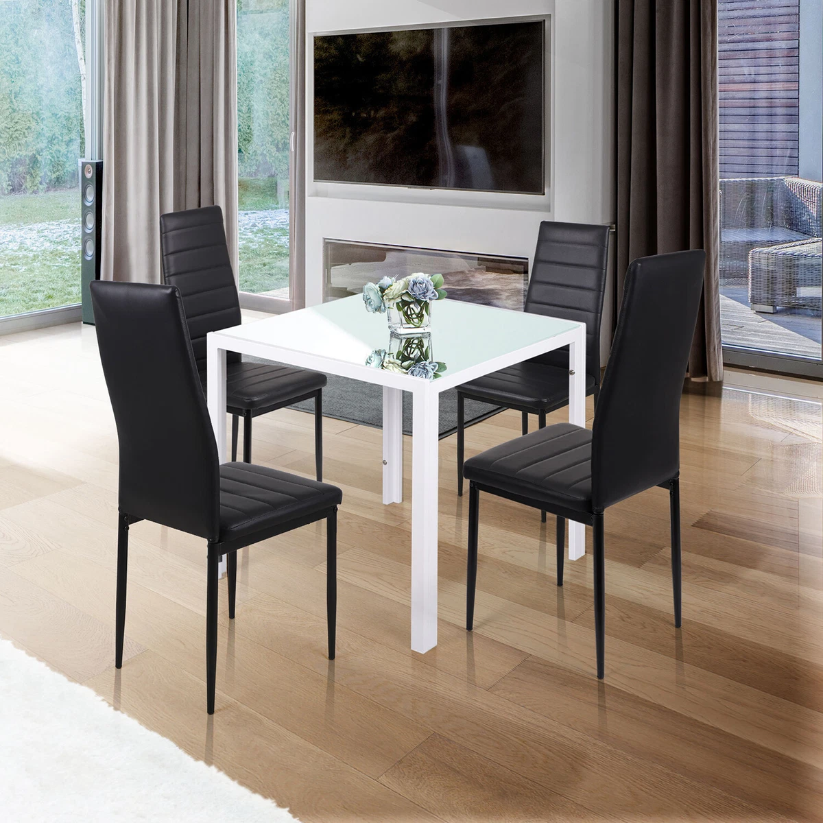 5 Pcs 75cm Square Glass Dining Table and 4 Padded Chairs Set Dining Room Set