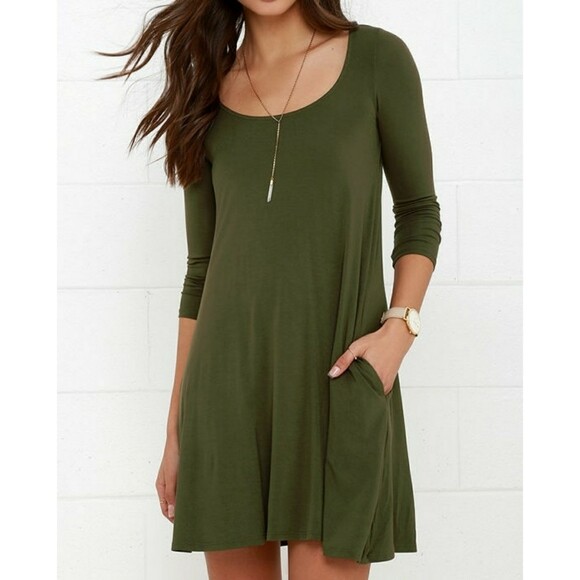 Women's Olive green jersey mini swing dress pockets casual summer mini  flowy | eBay