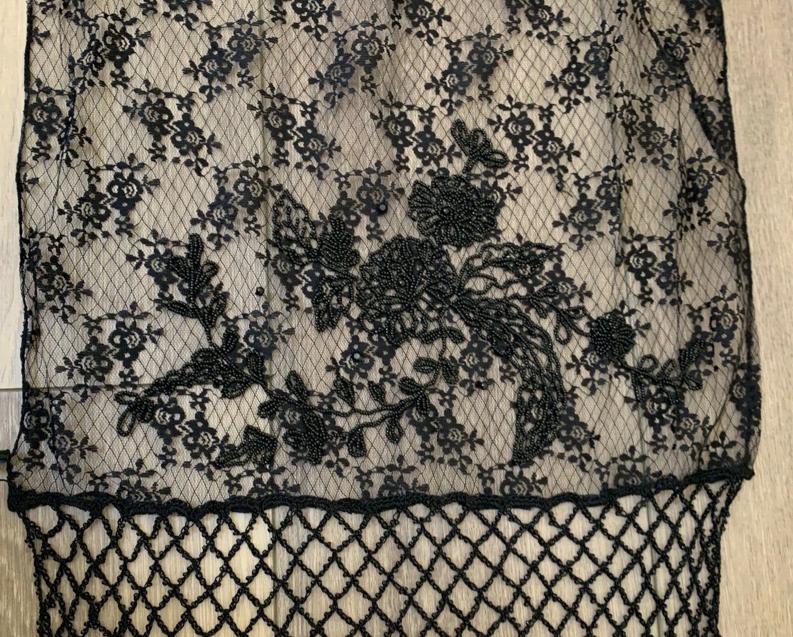 Designer Sue Wong Shawl BLACK Nylon Scarf Large Long Lace Beaded Sheer Runner 1B