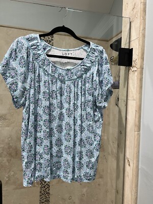 LOFT Women's Blouse Top Short Flutter Sleeve Neck Floral Print Rayon Xl Gauzy