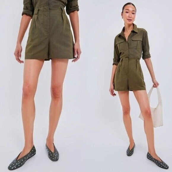 Tuckernuck NEW Army Green Safari Linen High Waist Pleated Shorts Size M