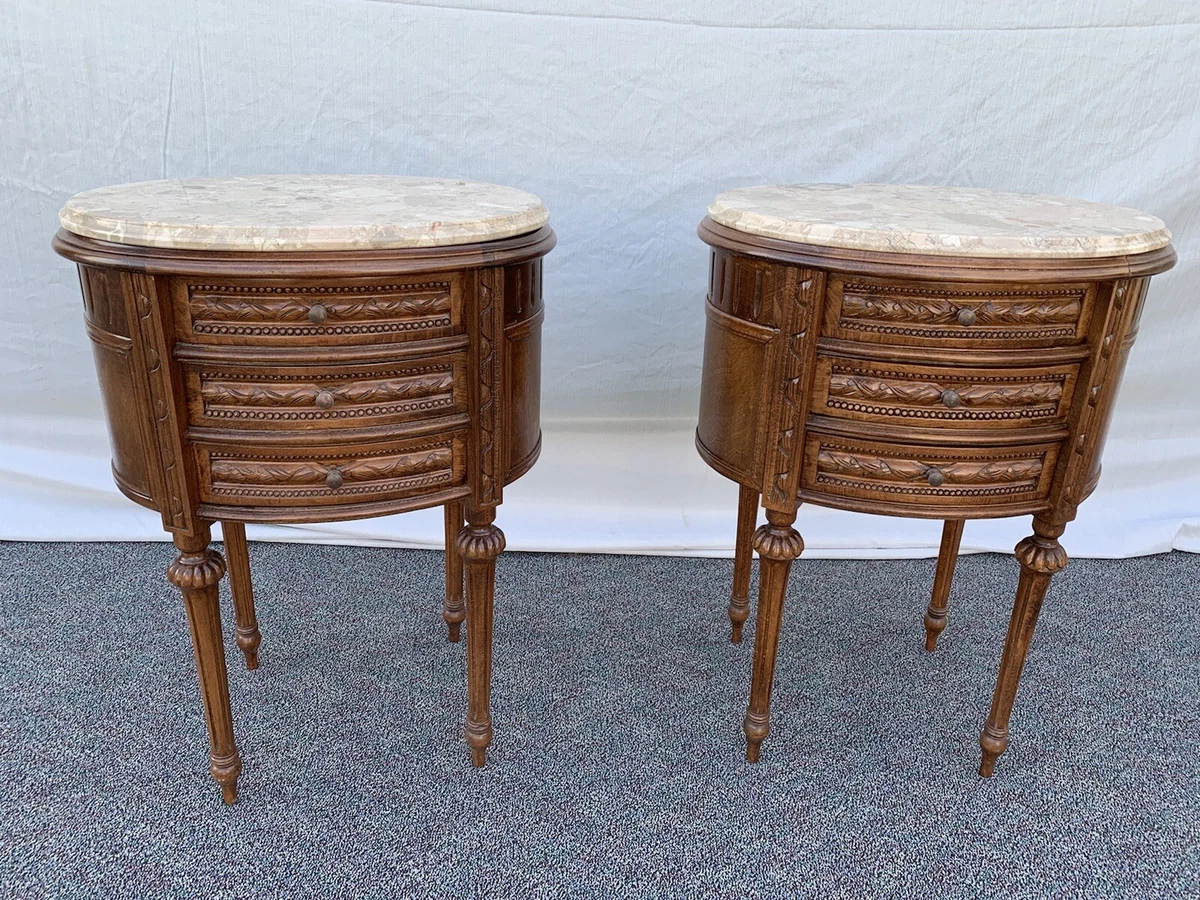 Vintage Antique Style Pr. of Carved Wood Marble Top End Side