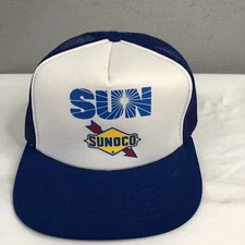Vintage Sunoco Hat Cap Blue White Mesh Back Snapback Foam Trucker Retro