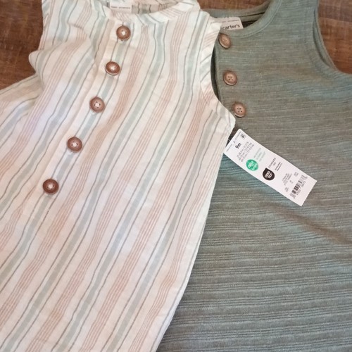 2 Carter's Romper One-Piece Green Beige Striped 9M Sleeveless Button Snap 2pc