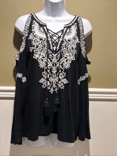 inc international concepts Black Peasant Boho Embroidered Tie Front Blouse Sz S