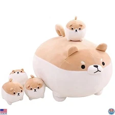 Shiba Inu Plush Toy with 4 Baby Corgi Stuffed Animals - Soft Cotton Pillow Gift!