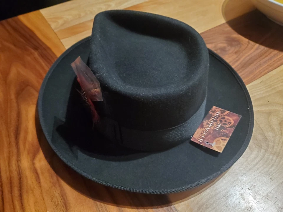 Sombrero Fedora Steampunk Negro (W Pluma) Accesorio de Disfraz Foto 4 de 4