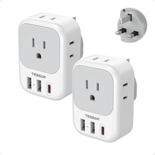 Travel UK Plug Adapter 2 Pack, Type G US to UK with 4 Outlets  3 USB Ports, Fas