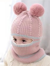 Kids Winter Cartoon Hat Plush Fleece Masked Scarf Cap Coral Velvet Baby