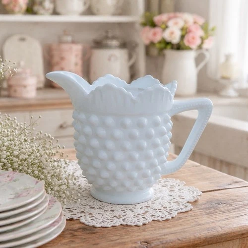 Vtg Fenton Hobnail Milk Glass Creamer Scalloped Pitcher Retro Christmas Decor 4"