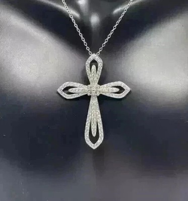 4CT Round Lab Created Diamond Women's Cross Chain Pendant 14K White Gold Finish