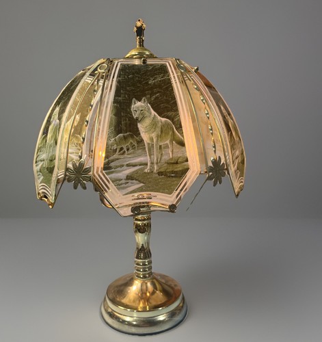 VTG OK Touch Lamp Majestic Wolf Images 3 Bulb 3 Way Brass & Glass 6 ...
