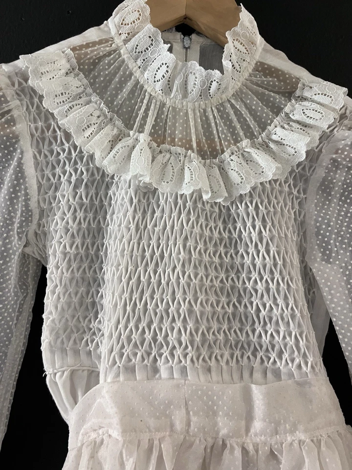 Rare Vintage Poly Flinders 1960’s Hand Embroidered Off White Size 8 Girls Dress - Image 3 of 4