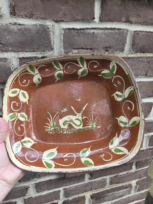 VTG Handpainted Redware Pottery Oval Tlaquepaque Dish Snail Garden Motif Mexico - Image 1 of 4