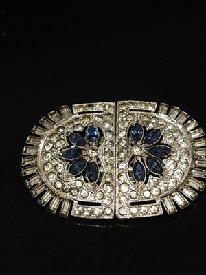 Vintage Coro Art Deco DUETTE - BROOCH DRESS CLIPS Blue/Rhinestones