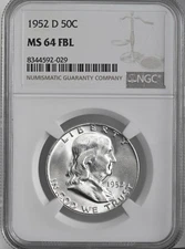 1952-D 50C FRANKLIN SILVER HALF DOLLAR FULL BELL LINES NGC MS64 FBL #8344592-029