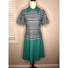 1970s Teal Brown Tweed Stripes Western Retro Disco Dagger Collar Hostess Dress M