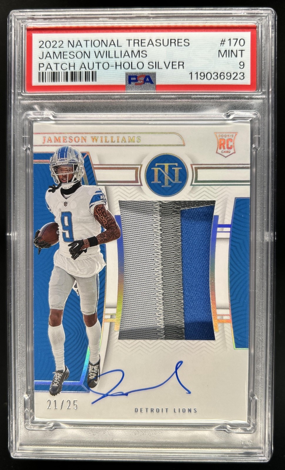 2023 National Treasures Jameson Williams Playoff Rookie Patch Auto #/25 PSA 9