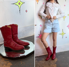 Vintage Justin Red Leather Cowboy Boots Western Cowgirl Roper Boots Boho US 6.5B