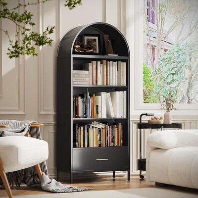 Tall Arched Bookcase Cabinet, 5-Tiers Metal Bla Arched Bookshelf with