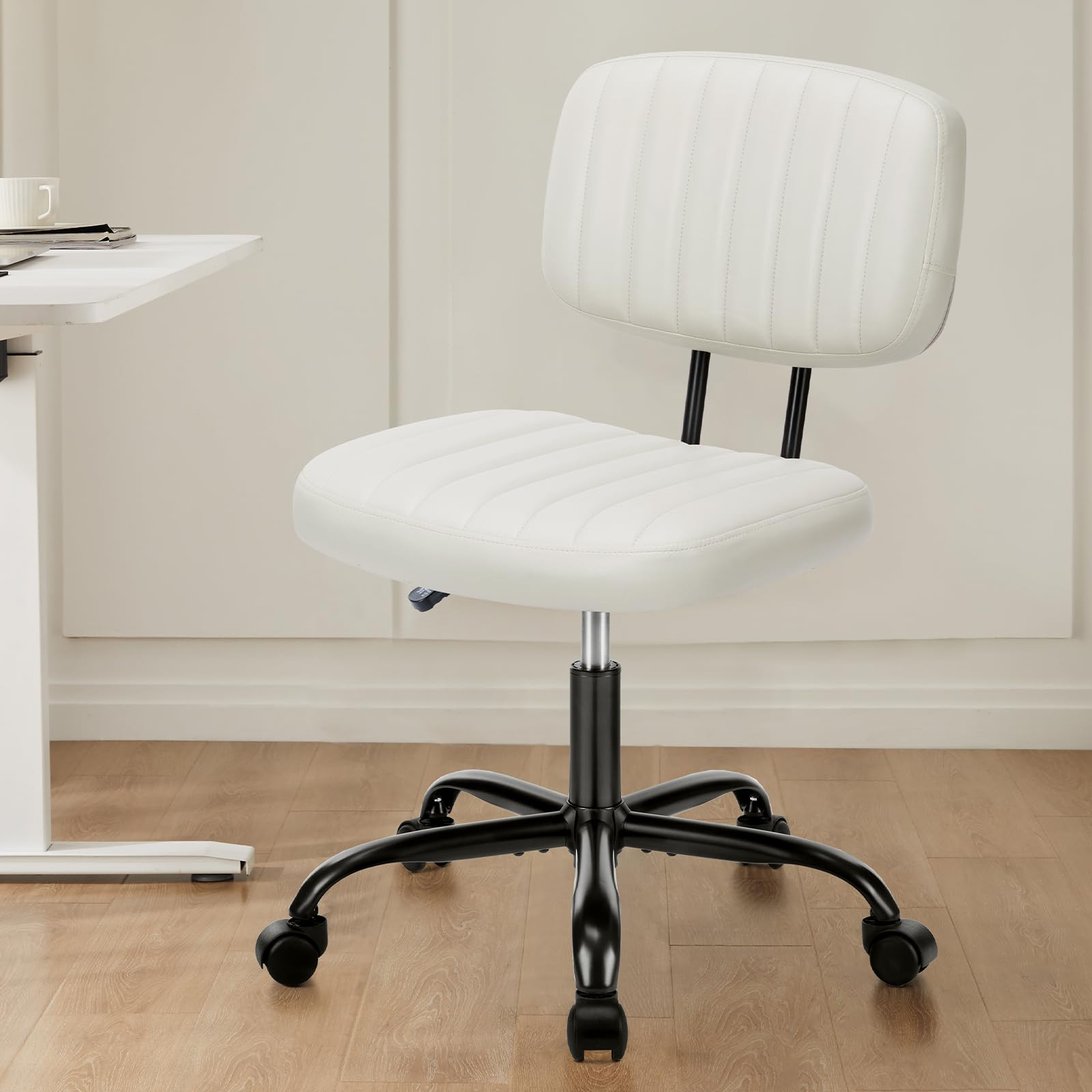 Compact Armless PU Leather Office Chair with Wheels & Lumbar Support