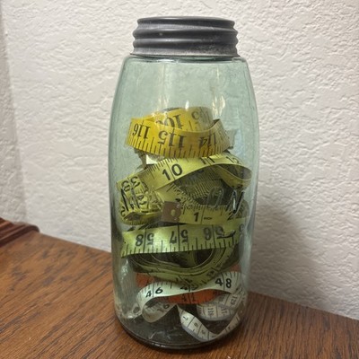 Vtg Antique Late 1800s Green Arched Mason Quart Zinc Cap Tape Measure Collection