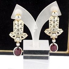 Antique Diamond and Oval Ruby 18K Gold & Platinum Ladies Earrings Ca. 1900
