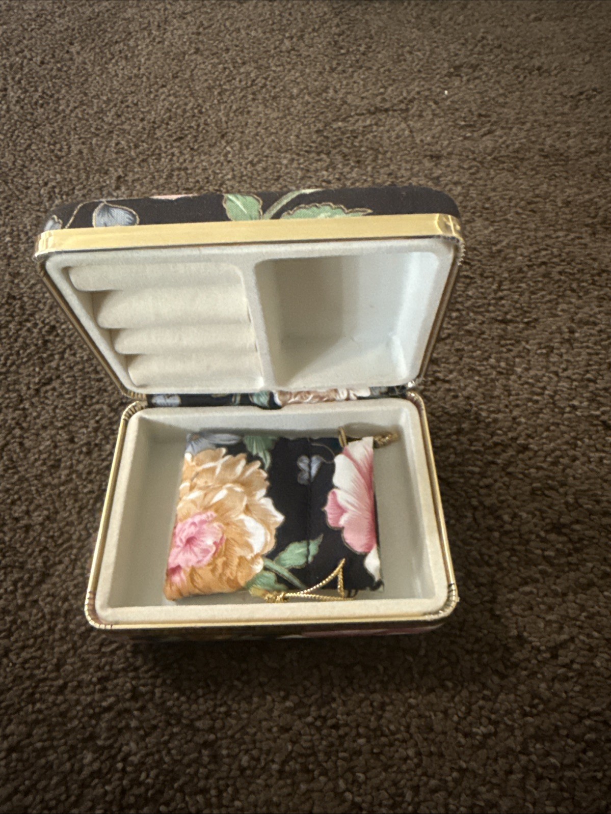 Vintage Floral Fabric Jewelry Box  with Gold Trim and Snap On Mini Bag
