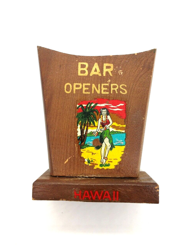 Vintage Hawaii Bar Openers Wood Holder Hula Girl Ocean Palm Tree 