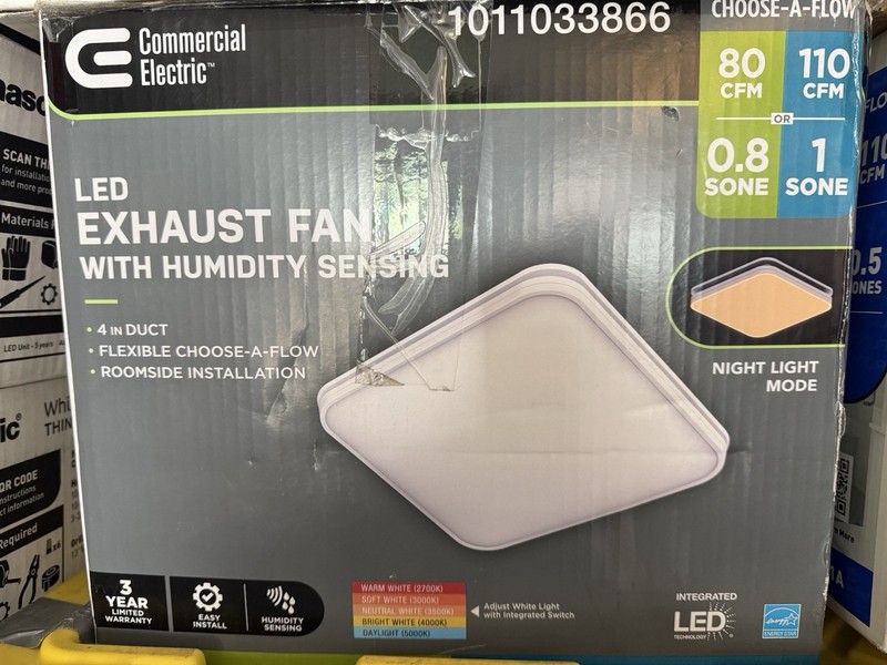 Commercial Electric 80 /110 CFM Ceiling Bathroom Exhaust Fan+humidity sensor E.S