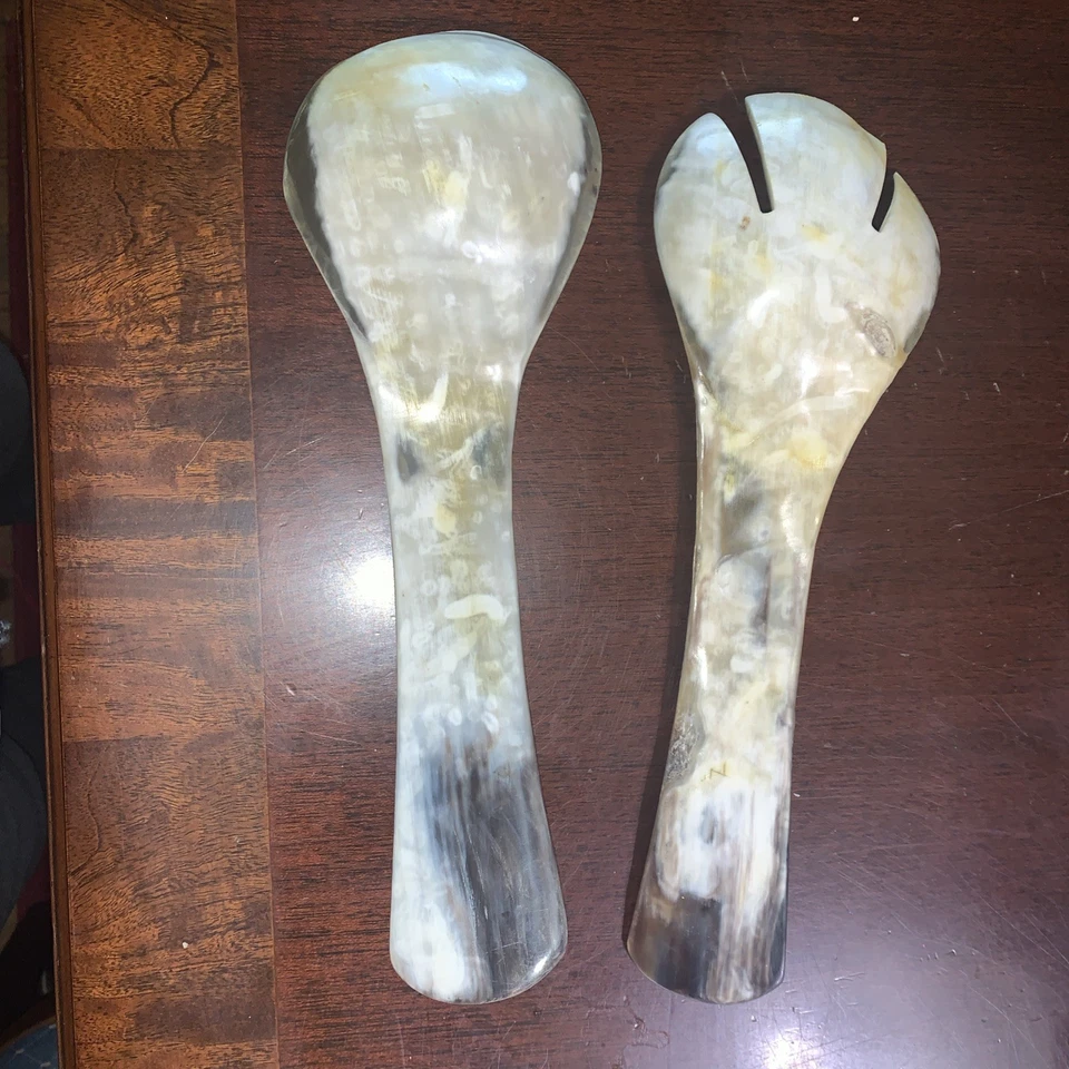 Rare Vintage Carved Horn Serving Spoon and Fork 11 inch long. Unique  - Image 2 of 4