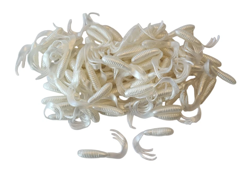 Triple Tail Tri-Tip Pearl White Color 2 inch 100 Pack Curl Tail Grubs - Image 2 of 2
