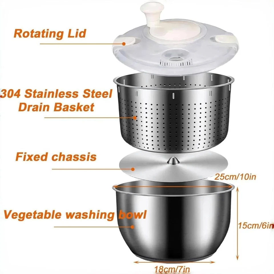 6L Stainless Steel Salad Spinner, Vegetable Spinner, Lettuce SpinnerFruit Washer - Image 2 of 4