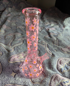 Pink/Clear Glass Daisy Flower Beaker Water Pipe 14mm w/ Downstem Bowl 9.8"