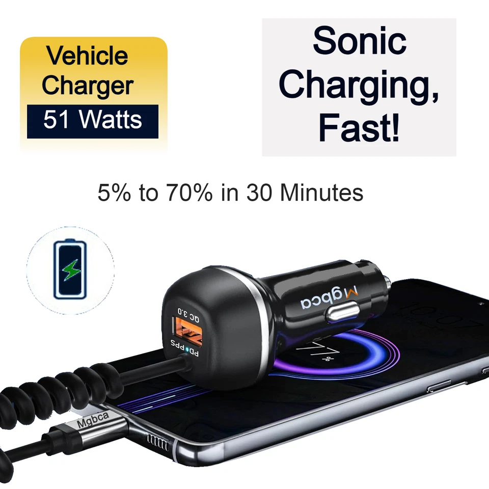 Mgbca Sonic Type-C Car Charger, PD QC 3.0 Fast 51 Watt for Galaxy A54 5G/A25/A15 - Image 4 of 4