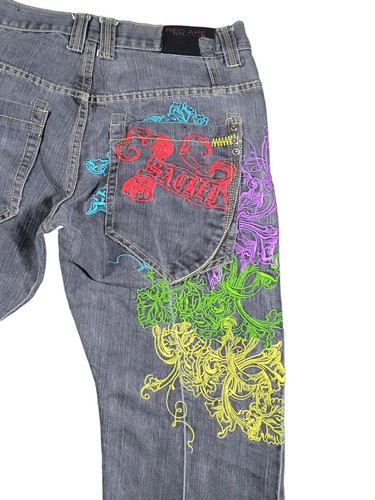 Vtg Y2K Red Ape Baggy Skater Grunge Jeans Mens 36x30 Embroidered Sacred Rare - Afbeelding 3 van 17