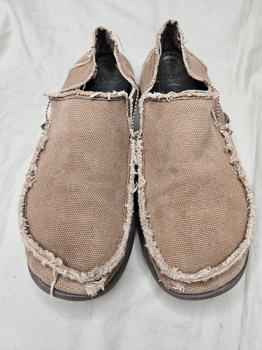 Crocs Santa Cruz Moccasins Shoes Mens 11 Brown Frayed Trim Slip On Canvas Loafer - Picture 4 of 9
