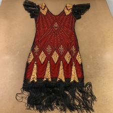 Women's Large Gold Red Sequin Fringe Flapper Dress  Accessory Set 9 Pieces NWT