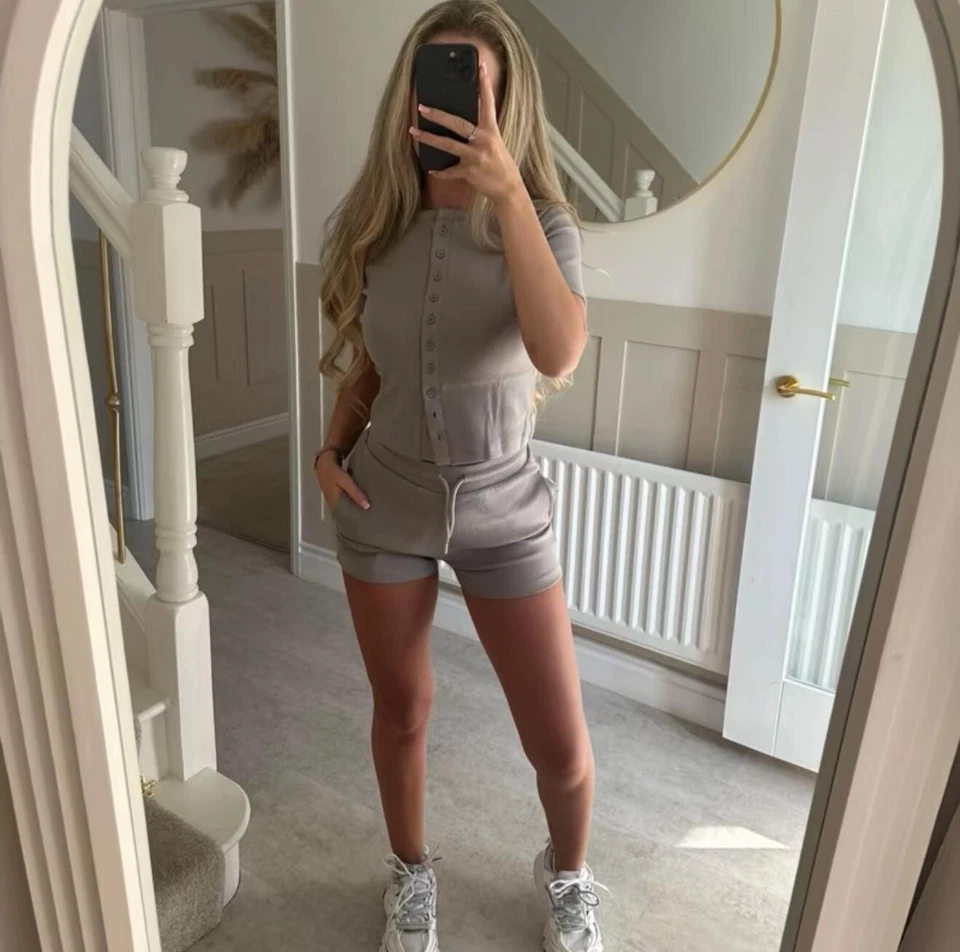 Womens Molly Shorts Set Ladies Ribbed Button Top Tracksuit Co-Ord Lounge Wear - Image 2 of 4