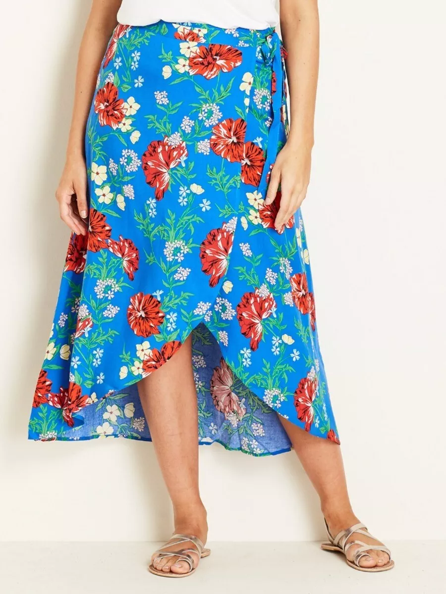 Crossroads Viscose Blue Polynesian Floral Wrap Maxi Skirt Size 14