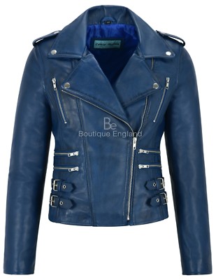 Damen Echt Leder Jacke Blau Napa Mode Design Motorrad Biker Style 7113