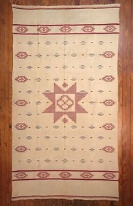 HISTORIC MEXICAN SERAPE BLANKET W/ SUPER FINE RED & BLUE DESIGNS ON YELLOW-IVORY